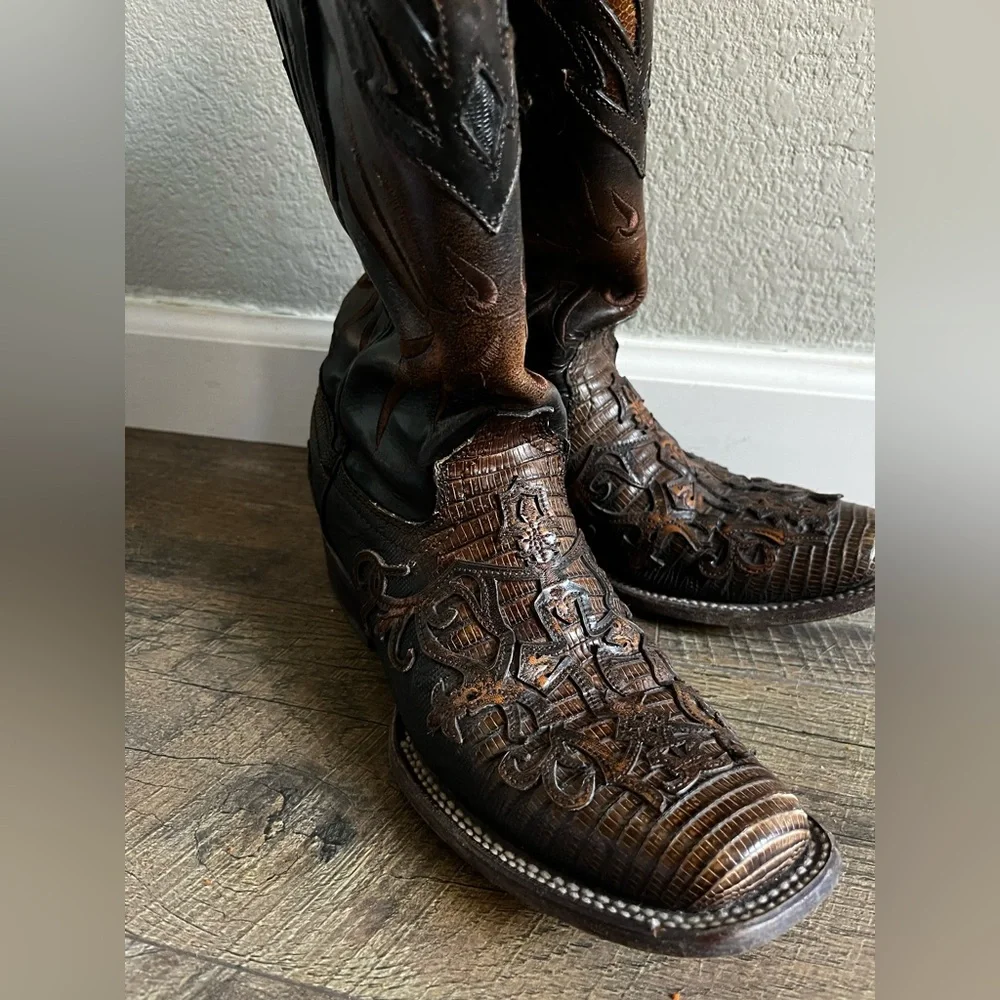 Corral Boots Cognac‎ Teju Lizard Cross Overlay Square Toe Cowgirl C2680 size 8.5 - Picture 4 of 16